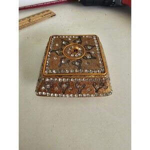 Vintage Jeweled Rhinestone Round Ornate Gold Tone Glitter Trinket Box, 3”